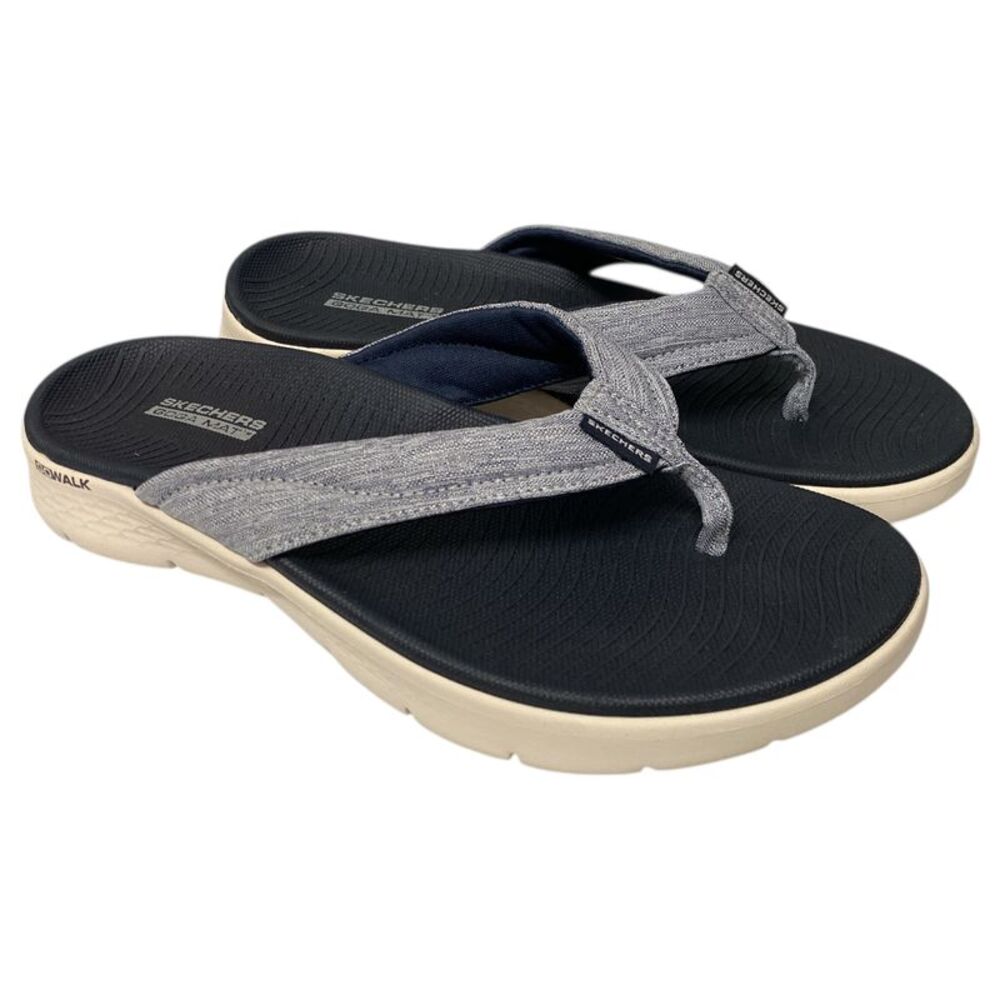 Skechers Black Footbed Gray Fabric Strap Flip Flops